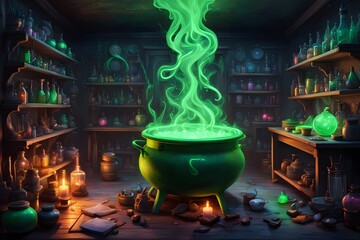 A witchs lair with a bubbling neon green cauldron glowing potions and vibrant magical symbols,Ai Generated