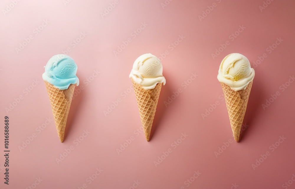Aufkleber three ice cream cones with different colored ice cream on a pink background.