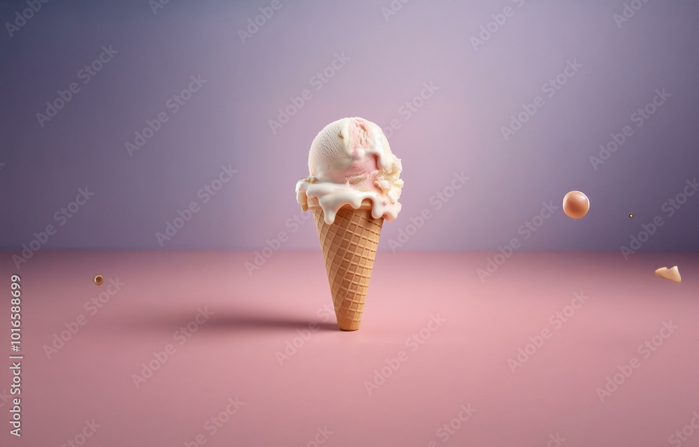 Poster a melting ice cream cone with two scoops of ice cream on a pink background.