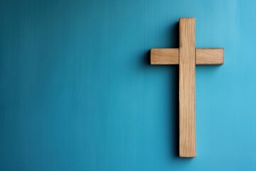 Wooden cross on blue retro background symbol spirituality architecture.