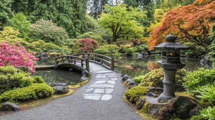 Obraz premium Serene Japanese Garden with Bridge and Lantern
