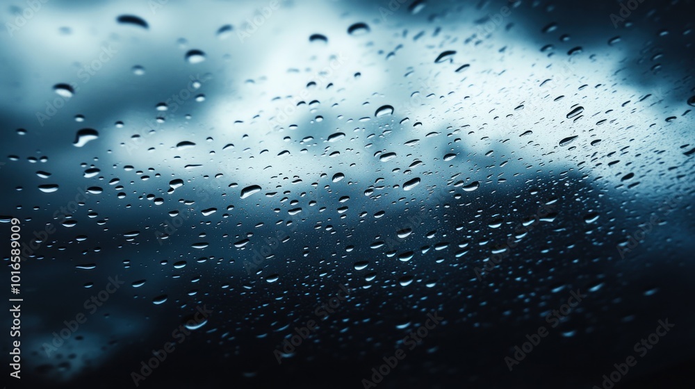 Poster close-up of raindrops on glass with dark clouds in the background, creating a moody atmosphere.