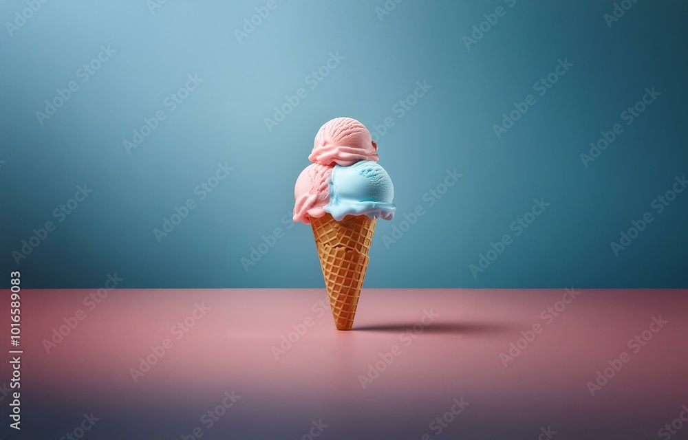 Poster a single scoop of pink ice cream on top of a scoop of blue ice cream in a waffle cone, sitting on a 