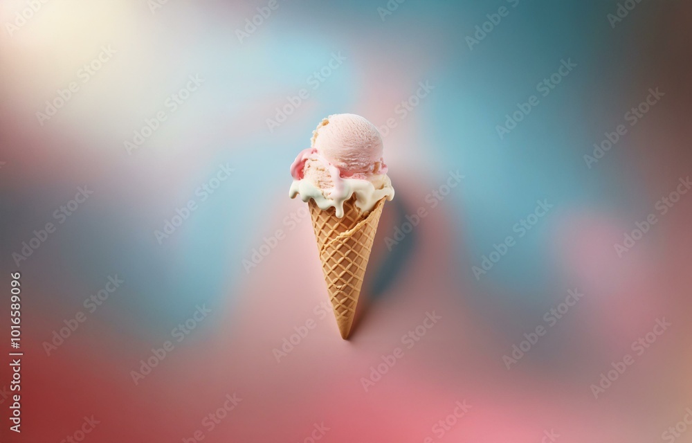 Poster a single ice cream cone with melting ice cream on a colorful background.