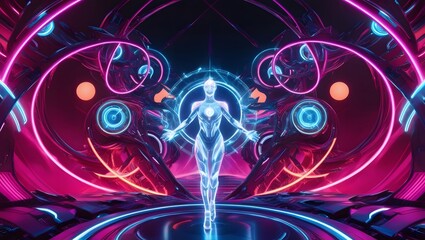 Neon Futuristic World with Holographic Figure - Generative AI Art