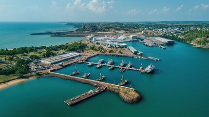 Fototapeta premium Aerial view of noisy harbor with large white ship docked at pier. Smaller white ship connected to pier. Rich green landscape surrounds harbor with few buildings in distance. Clear blue sky with few
