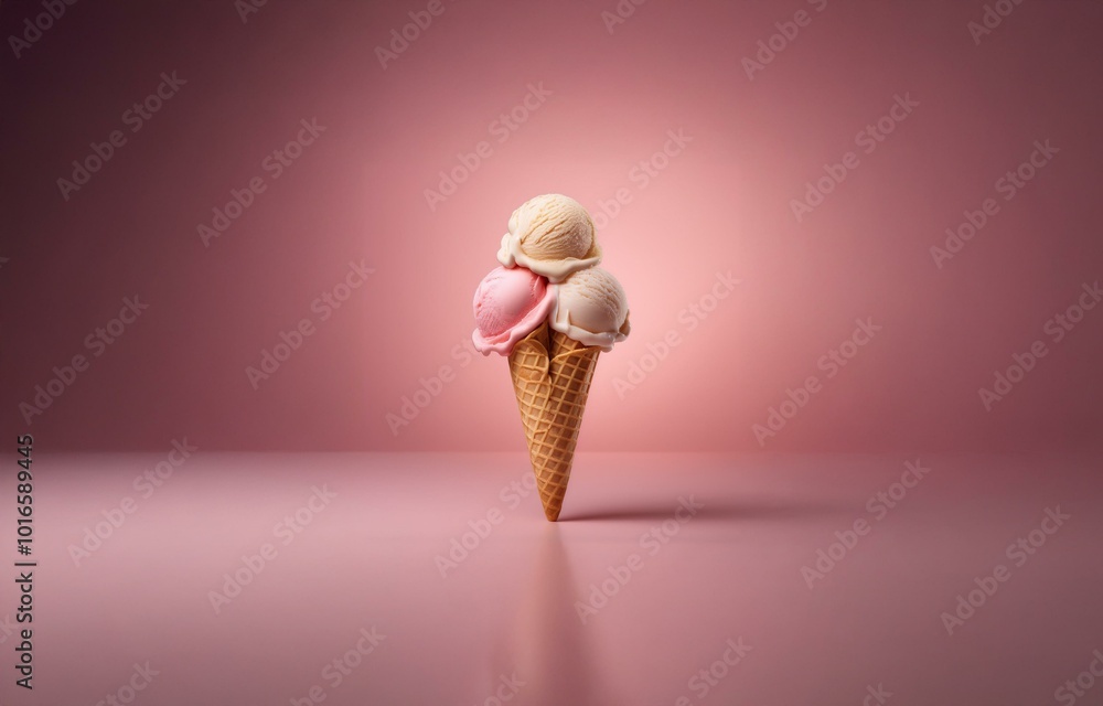 Poster three scoops of ice cream in a waffle cone on a pink background.