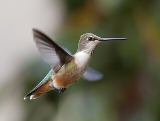 Fototapeta premium Cute Snowy-bellied hummingbird in mid-flight. Orange and white body, black beak, legs. Spread wings, flying from left to right. Blurred background, focus on bird.