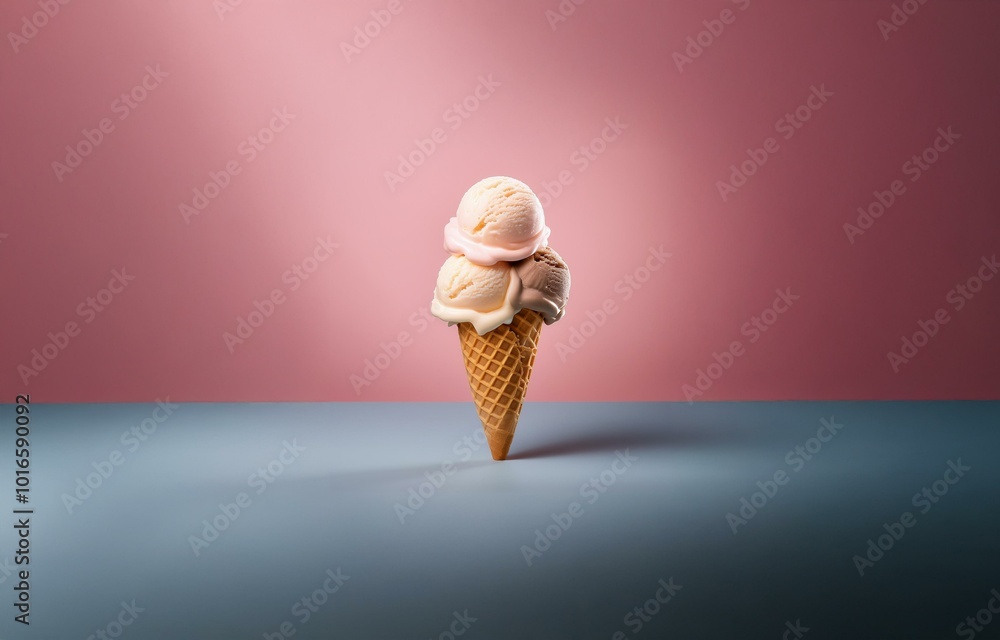 Poster a single ice cream cone with three scoops of ice cream against a pink and blue background.