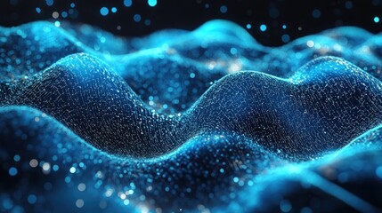 Abstract blue glowing wave pattern with particles.