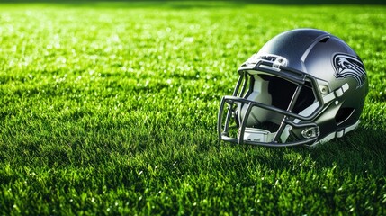 A football helmet and cleats on a grassy field, with open space for text