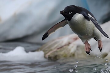 Fototapeta premium Black and white penguin mid-flight in snowy landscape. Penguin wings spread wide, feet firmly planted, dynamic movement. Snowy rocks and ice formations backdrop.