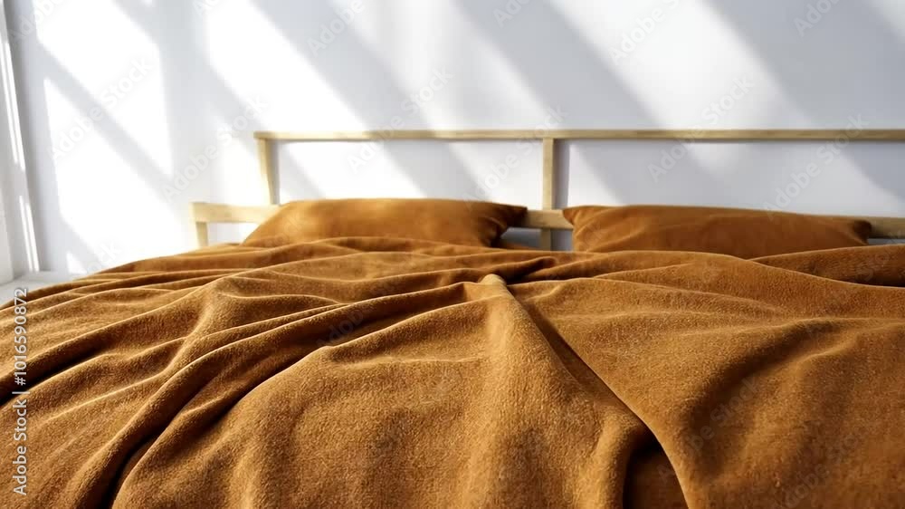 Poster sunlight casting patterns on a bed with a brown blanket, creating a warm and tranquil atmosphere in 
