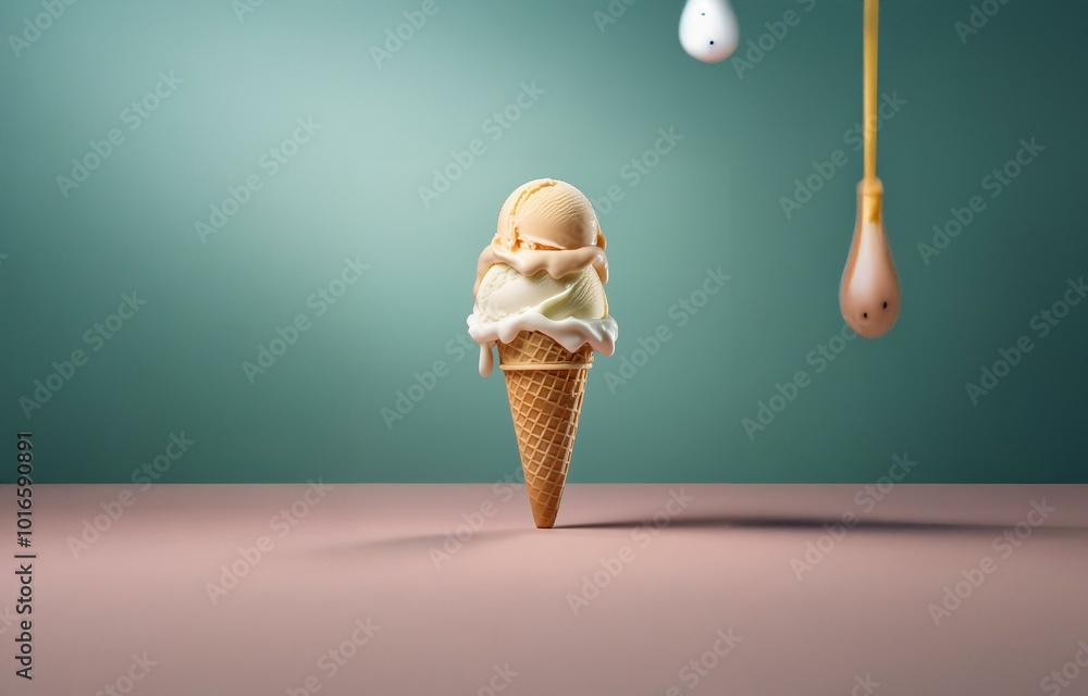 Poster a melting ice cream cone with dripping ice cream in front of a teal wall and a pink table.
