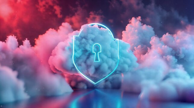 Neon glowing shield lock icon with clouds in vibrant colors, concept of cyber cloud security