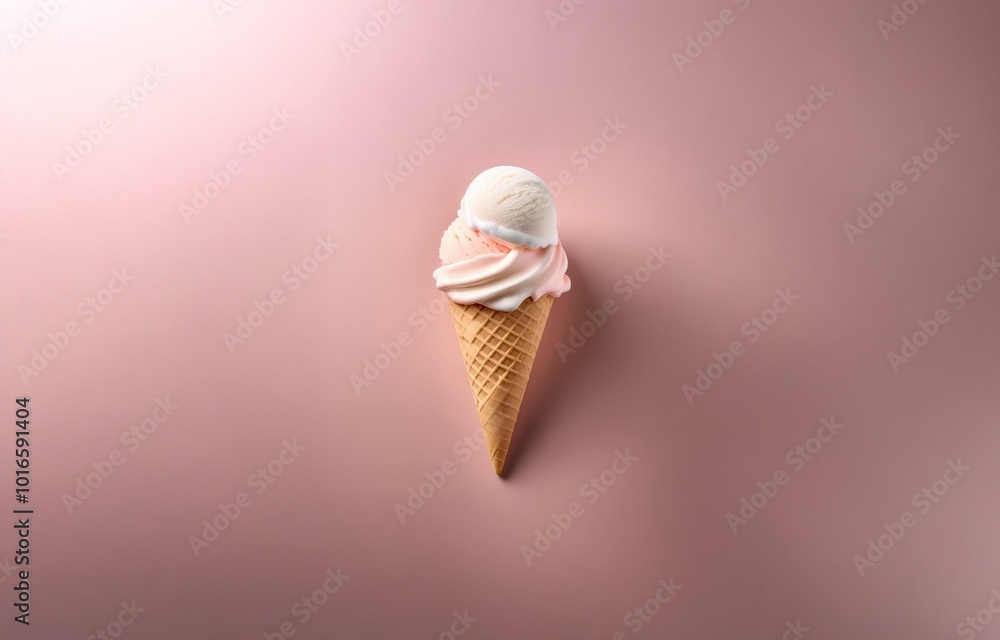 Poster a single ice cream cone with two scoops of ice cream sits on a light pink background.