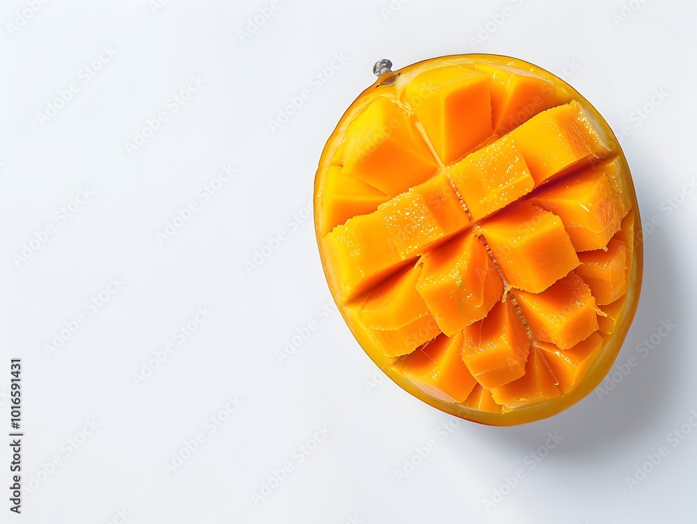 Poster sliced ripe mango in grid pattern on white background with copy space long title a single ripe mango