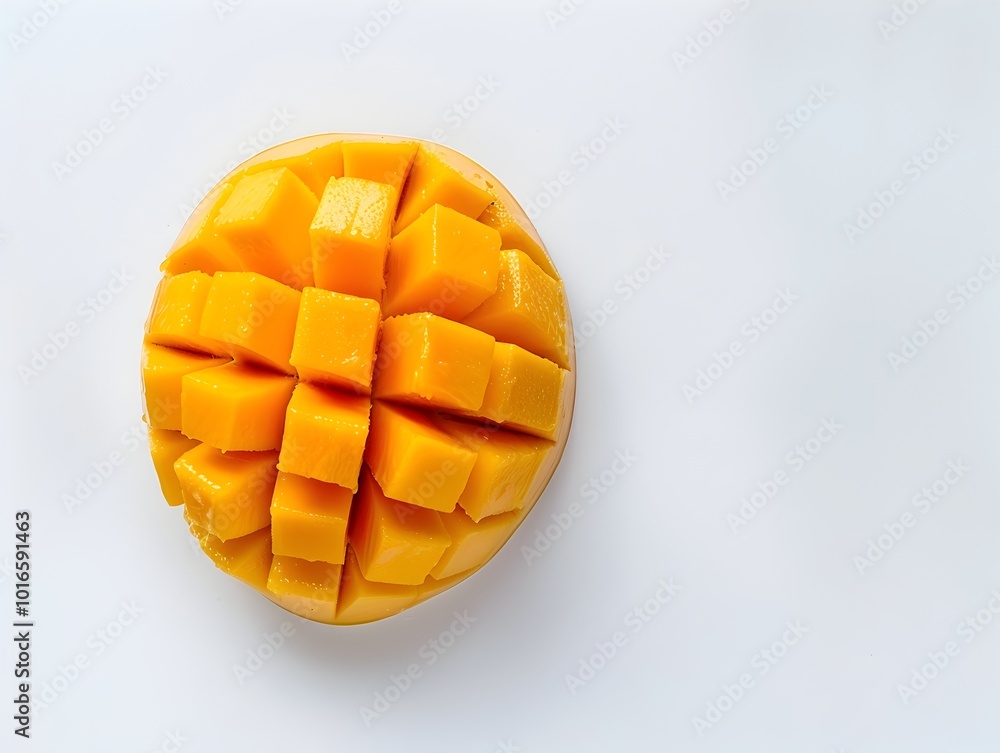 Poster ripe mango sliced in grid pattern on white background