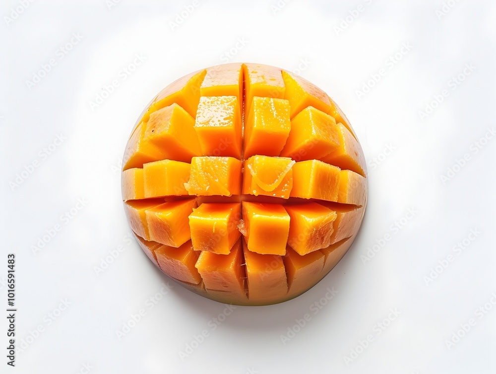 Poster ripe mango sliced in grid pattern on white background