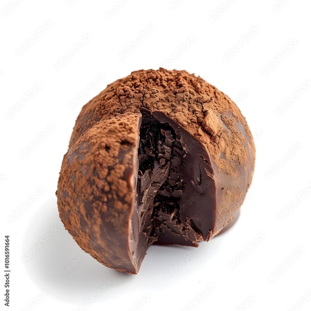 Poster a decadent chocolate truffle dusted with cocoa on a minimalist white background