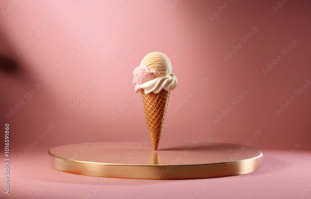 Aufkleber A single scoop of ice cream with two flavors in a waffle cone is placed on a golden circular platform. The background is a light pink color.