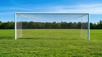 Fototapeta premium A soccer goal with a net on an empty field, wide area for copy space