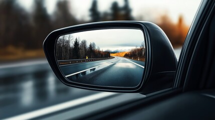 View of a wet, curving road and trees in a car's side mirror, reflecting an autumn landscape with a bright sky and distant mountains.