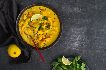 Bowl with chicken curry with vegetables on dark background. Indian cuisine. Thai Chicken Curry With Coconut Milk. Coconut. Thai Panang Curry. Top view, space for text. Food photography for restaurant