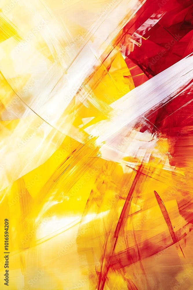 Poster dynamic red and yellow abstract geometric background with overlapping diagonal shapes, bringing bold