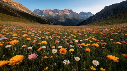 Fototapeta premium Colorful wildflowers blooming in a vast meadow with a backdrop of majestic mountains under a clear blue sky during sunset.