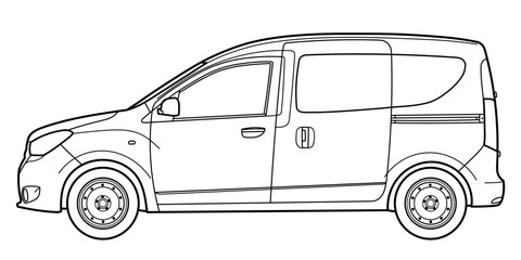 Classic compact van car. Side view shot. Outline doodle vector illustration
