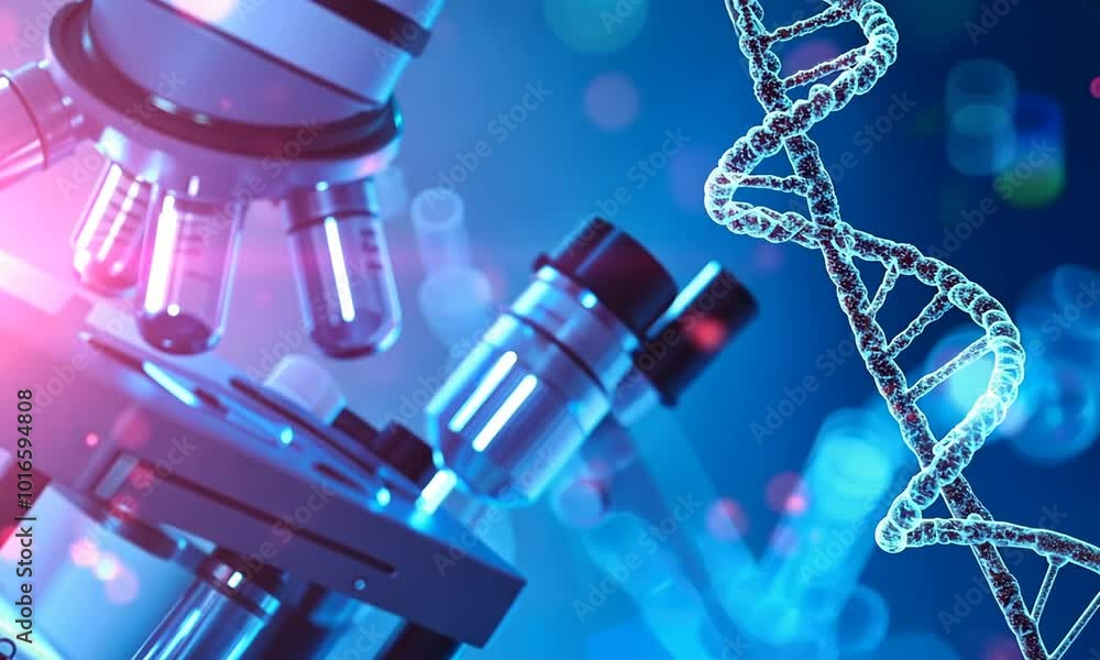 Poster innovative laboratory scene showcasing microscope and dna strand journey into advanced science, rese