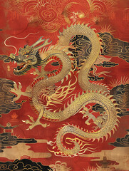 Fototapeta premium A gold and red dragon is depicted on a red background 