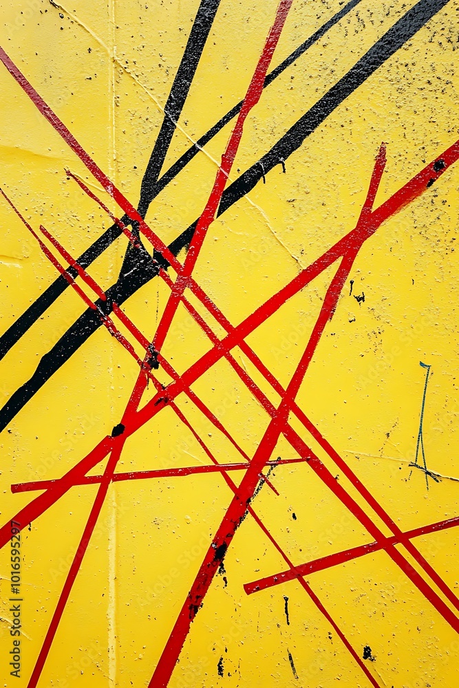 Poster striking red and yellow abstract geometric design with sharp diagonal shapes, evoking motion and bol