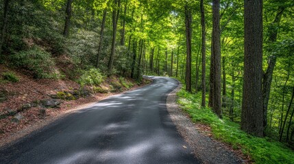 Serene Curved Road Through Lush Green Forest