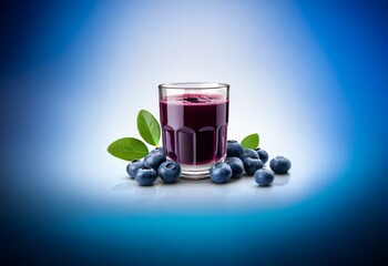 A glass of purple juice sits on a white surface with a blue background. A few blueberries and leaves are near the glass.