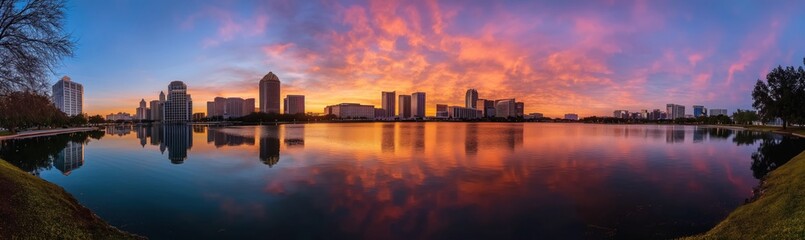 Fototapeta premium Panoramic view of city skyline in Miami, Florida. Lake shore perspective with orange, blue colors. Tall buildings stand out against sky. Warm sunset glow over cityscape.