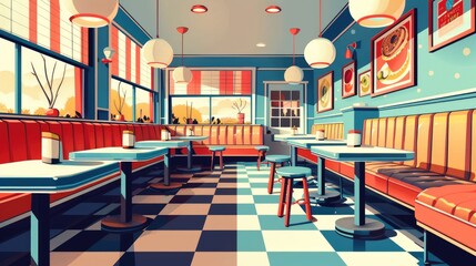 Empty retro diner interior with checkered floor, booths and tables, ready for customers.