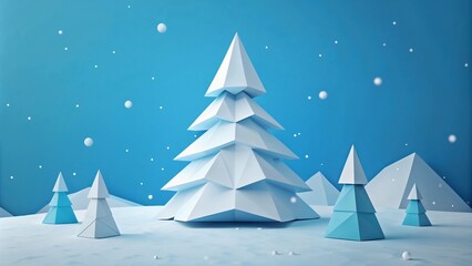 Obraz premium Minimalist blue paper Christmas trees in snowy landscape