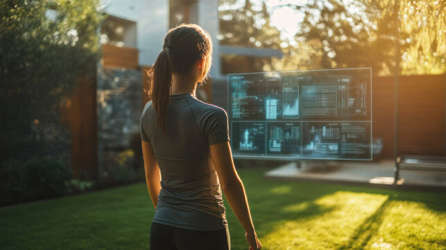 Holographic fitness interface in outdoor setting view