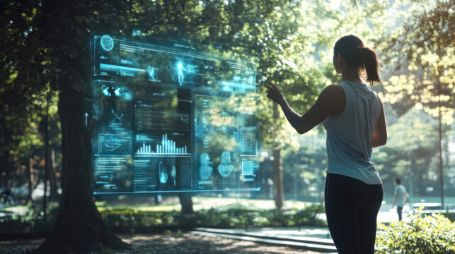 Woman explores futuristic digital interface outdoors.