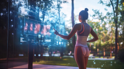 Woman interacting with futuristic virtual fitness display