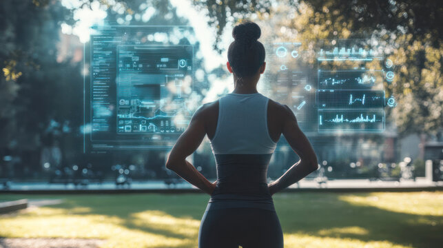 Woman analyzing futuristic fitness data outdoors. - Powered by Adobe