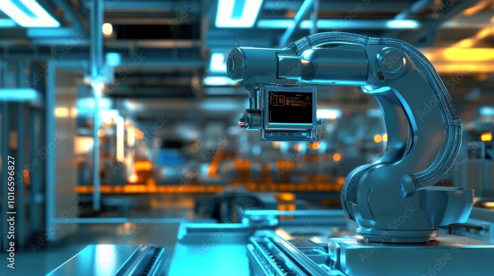 Poster robotic arm in a futuristic industrial setting, designed for automation and precision tasks.