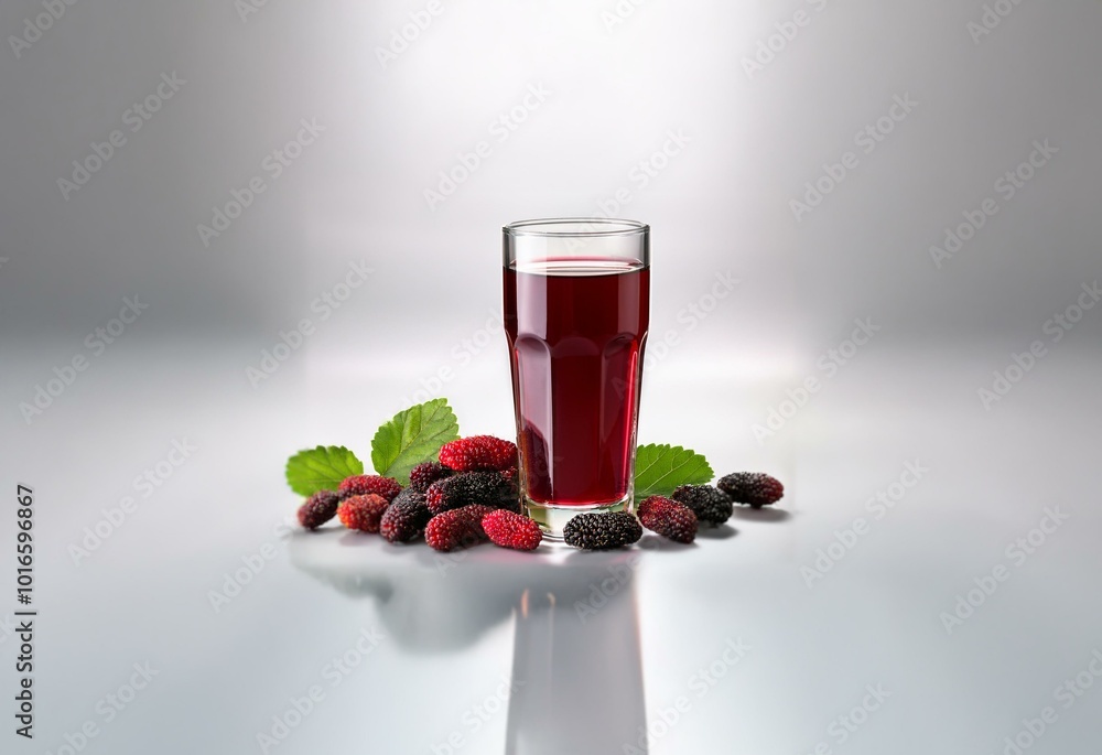 Aufkleber a glass of red juice sits on a white surface with several mulberries and leaves scattered around it.