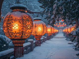 Dongzhi festival lanterns glowing in a quiet winter garden