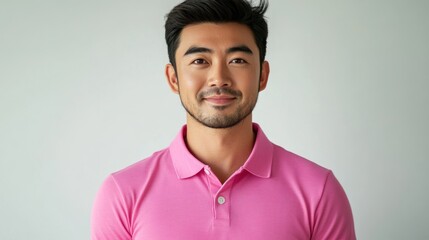 Obraz premium Confident man wearing polo shirt, facing to camera, solid background