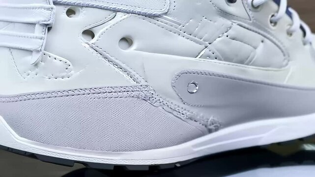 closeup shot ofwhite sneaker sole on rotating stand highlighting intricate design details professional lighting incinematic 4K video macro miniature shoe white sport