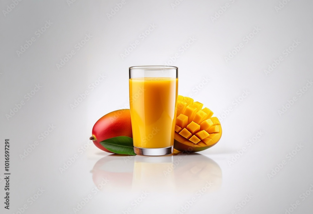 Poster a glass of mango juice next to a whole mango and a slice of mango on a white background.