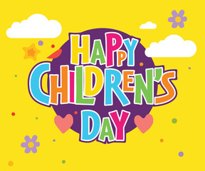 Happy Children's Day logo with bold kids lettering, kids elements on white background. Children day colorful text effect. Headline text and quote for children's day greeting card.